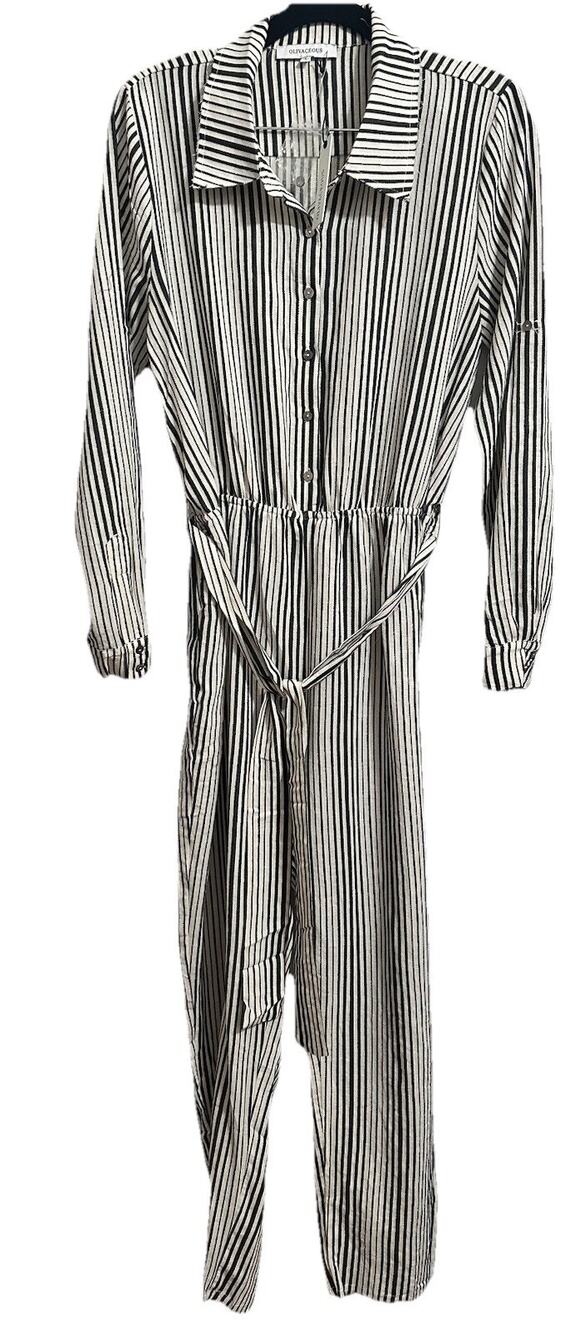 Olivaceous Women’s Beige Black Striped Long Sleeve Jumpsuit Belt Raw Hem Large